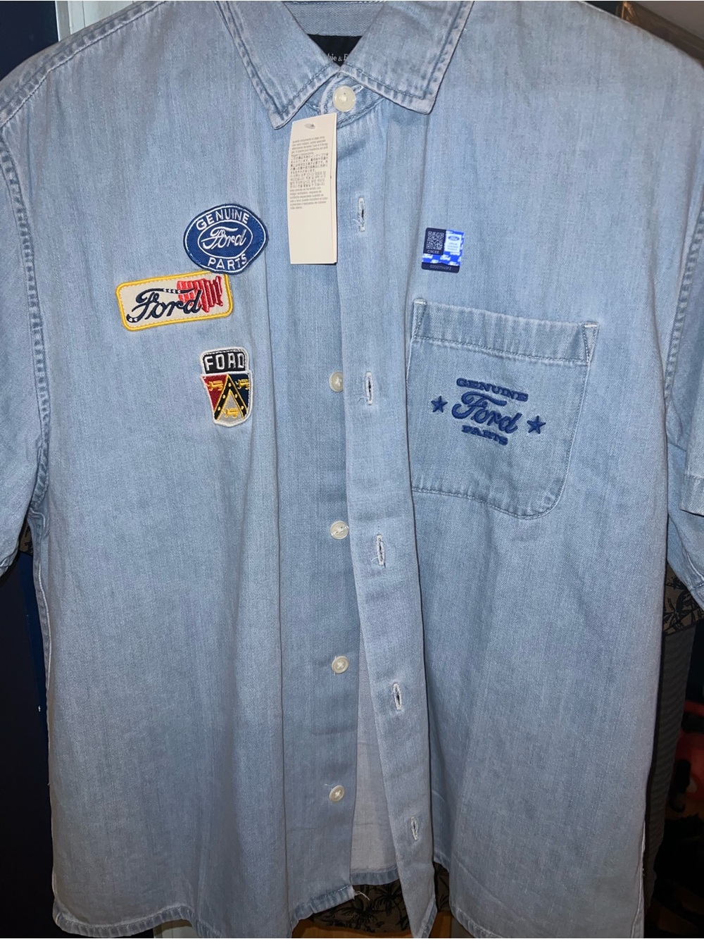 Abercrombie & Fitch Light Blue Denim Button-Down Shirt with Patch Details